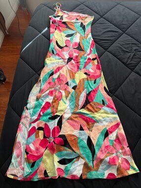 Forever 21 Abstract Floral One-Shoulder Satin Midi Dress | Pink Multi